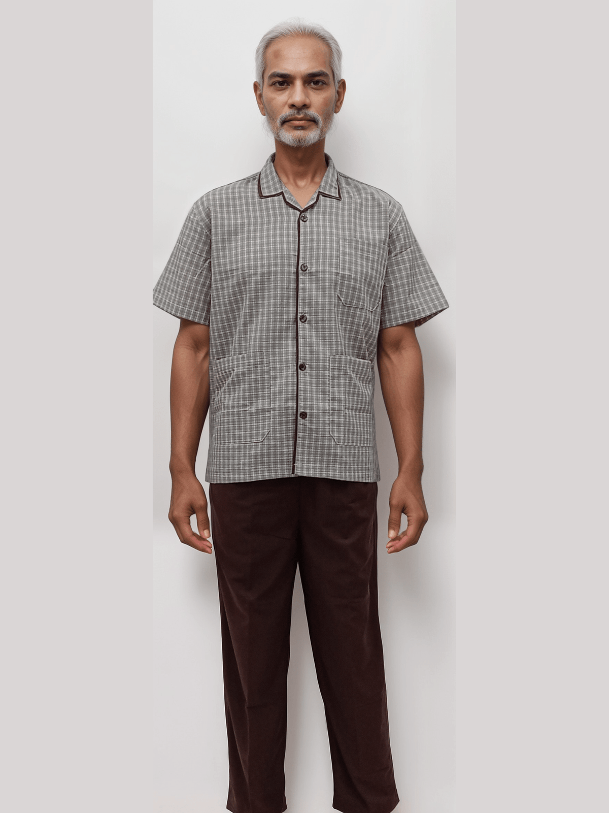 Patient Dress Beidge Checks Brown - J R GARMENTS