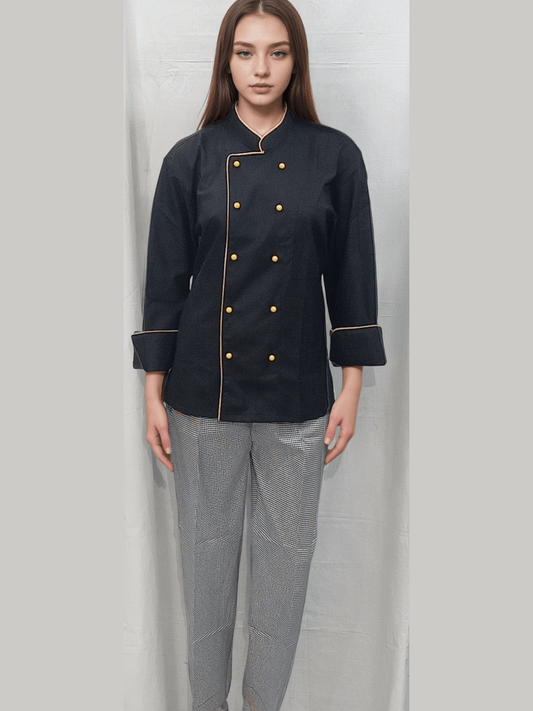 Black Chef Coat with Yellow Piping and Mushroom Buttons for Stylish Culinary Professionals - J R GARMENTS
