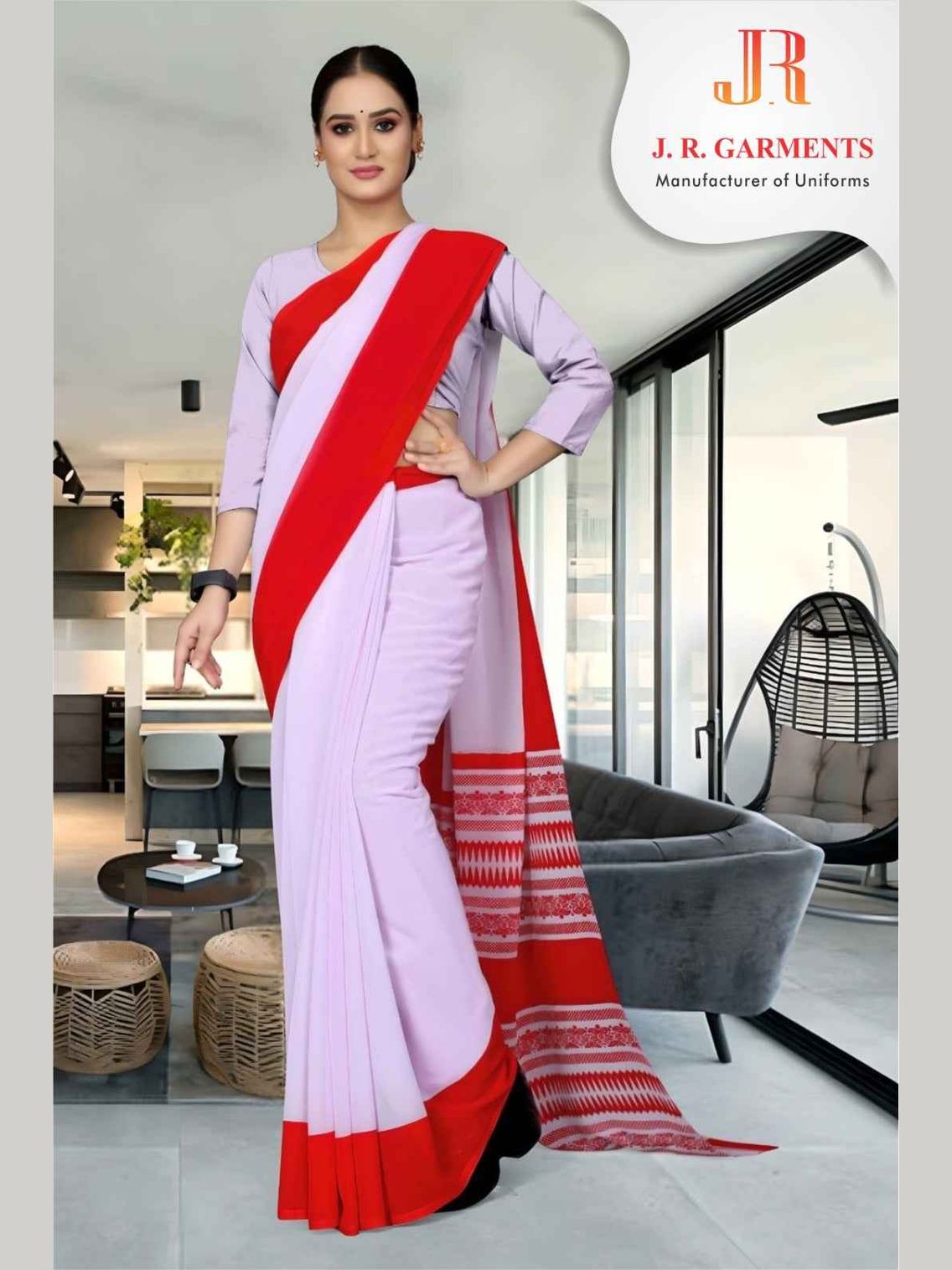 Saree White with Red Border - J R GARMENTS