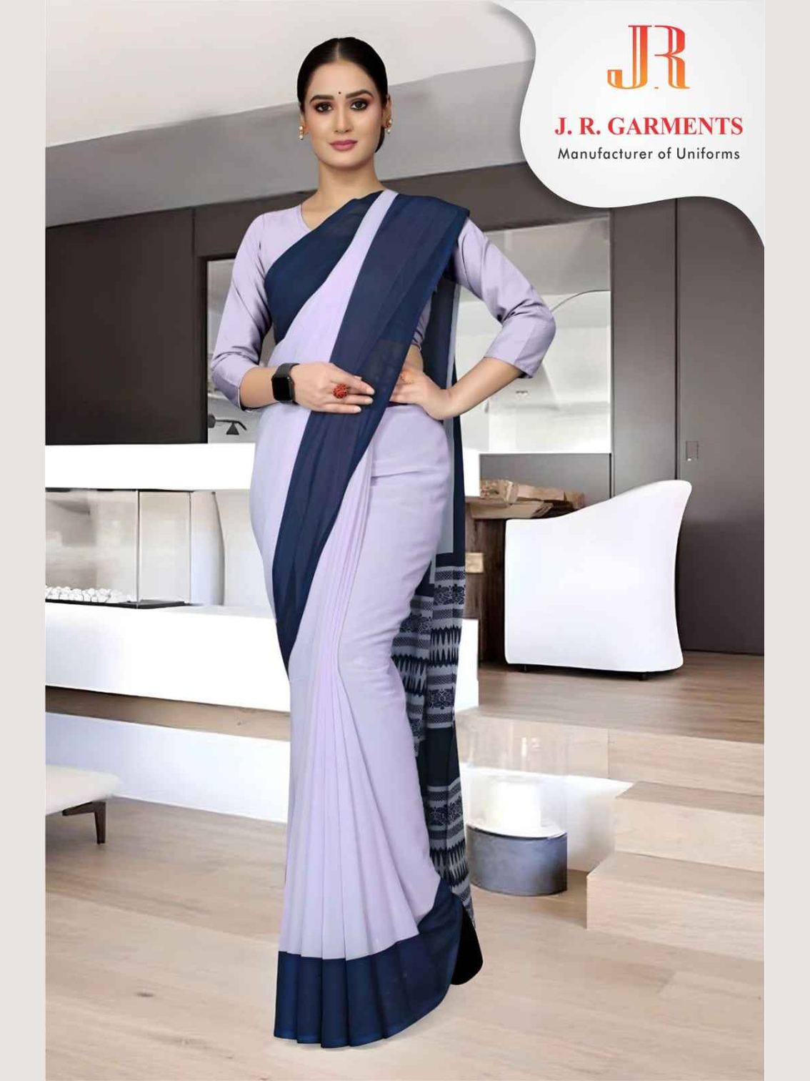 Saree White with Navy Blue Border - J R GARMENTS