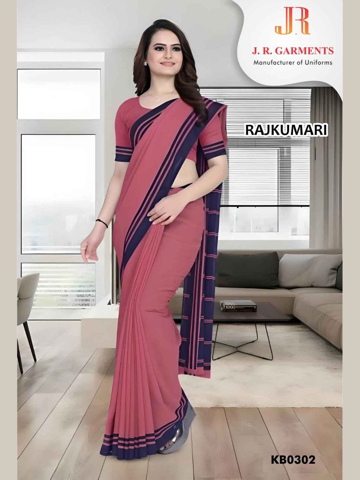 Saree Medium Pink with Navy Blue Border - J R GARMENTS