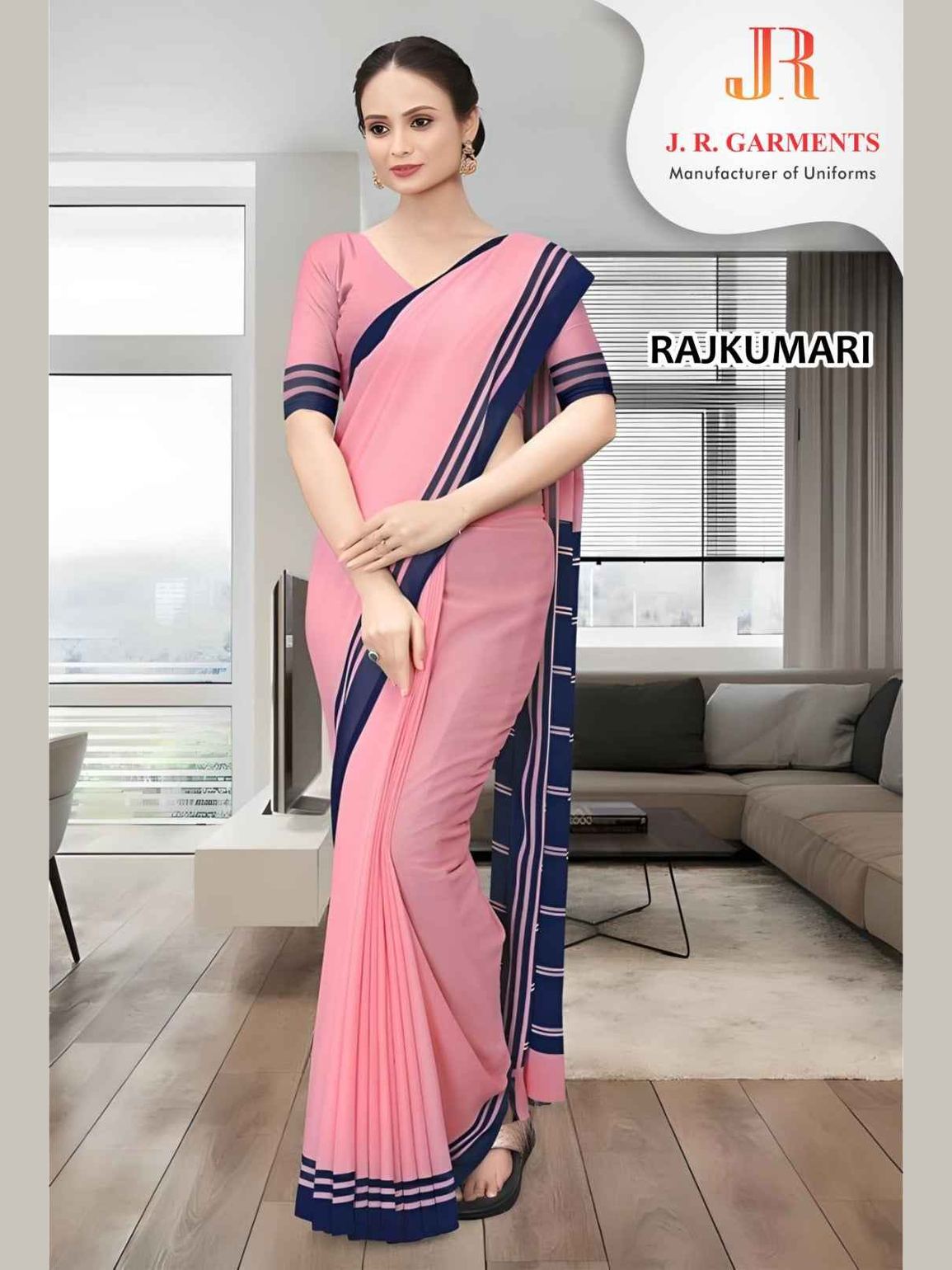 Saree Pink with Navy Blue Border - J R GARMENTS