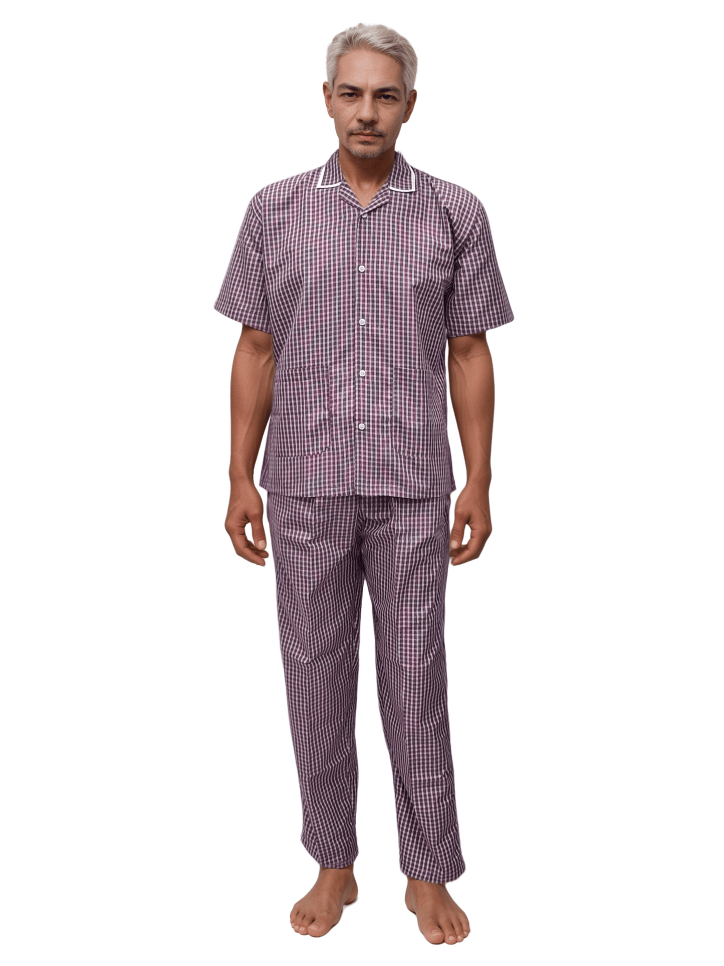 HICKORY Patient Dress - Comfortable & Durable Purple & White Checks Carewear - J R GARMENTS