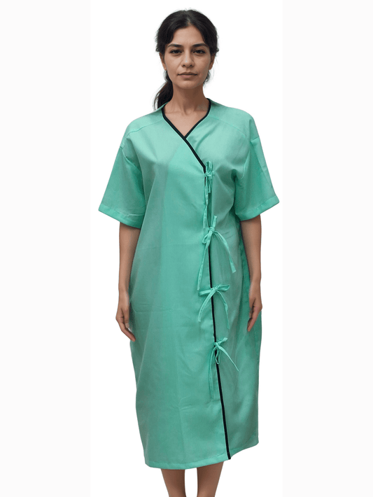 HICKORY Patient Gown – Premium Unisex Comfort in Pista Green with Navy Blue Piping