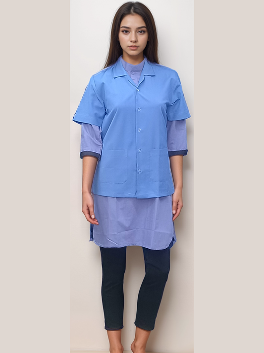 Blue Half Sleeve Apron for Industrial and Housekeeping Team - J R GARMENTS