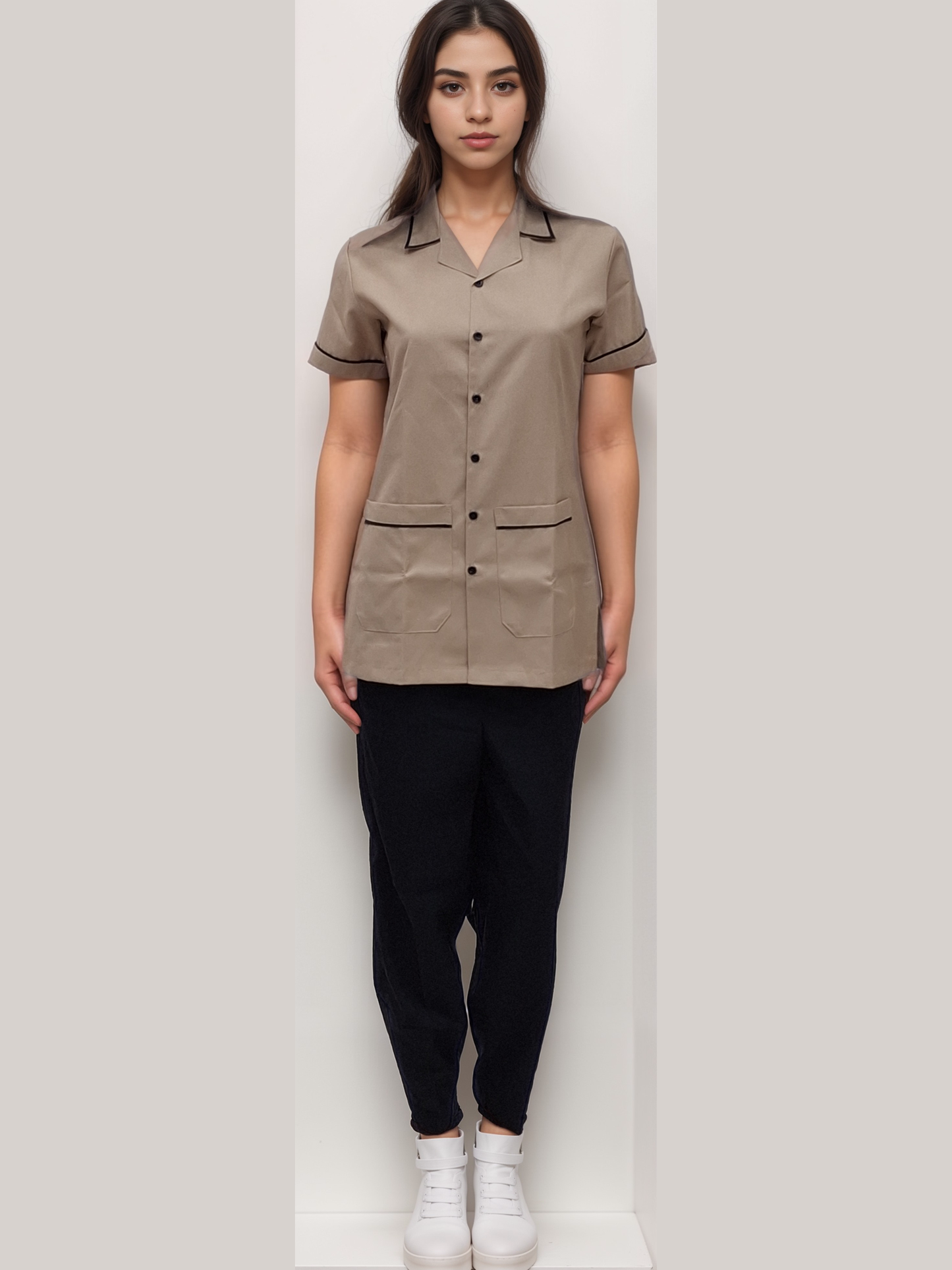 Nurse Dress Beige & Black - J R GARMENTS