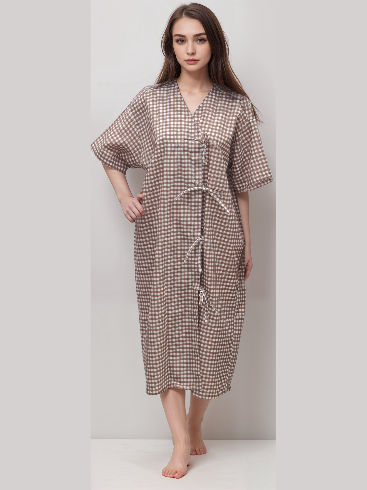 Patient Gown Nadi Brown Checks - J R GARMENTS