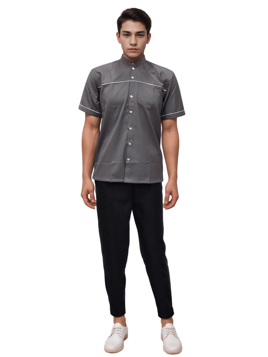 Elevate Your Team's Look with the Helping Staff Shirt – Mountain Mist & Cream Piping - J R GARMENTS
