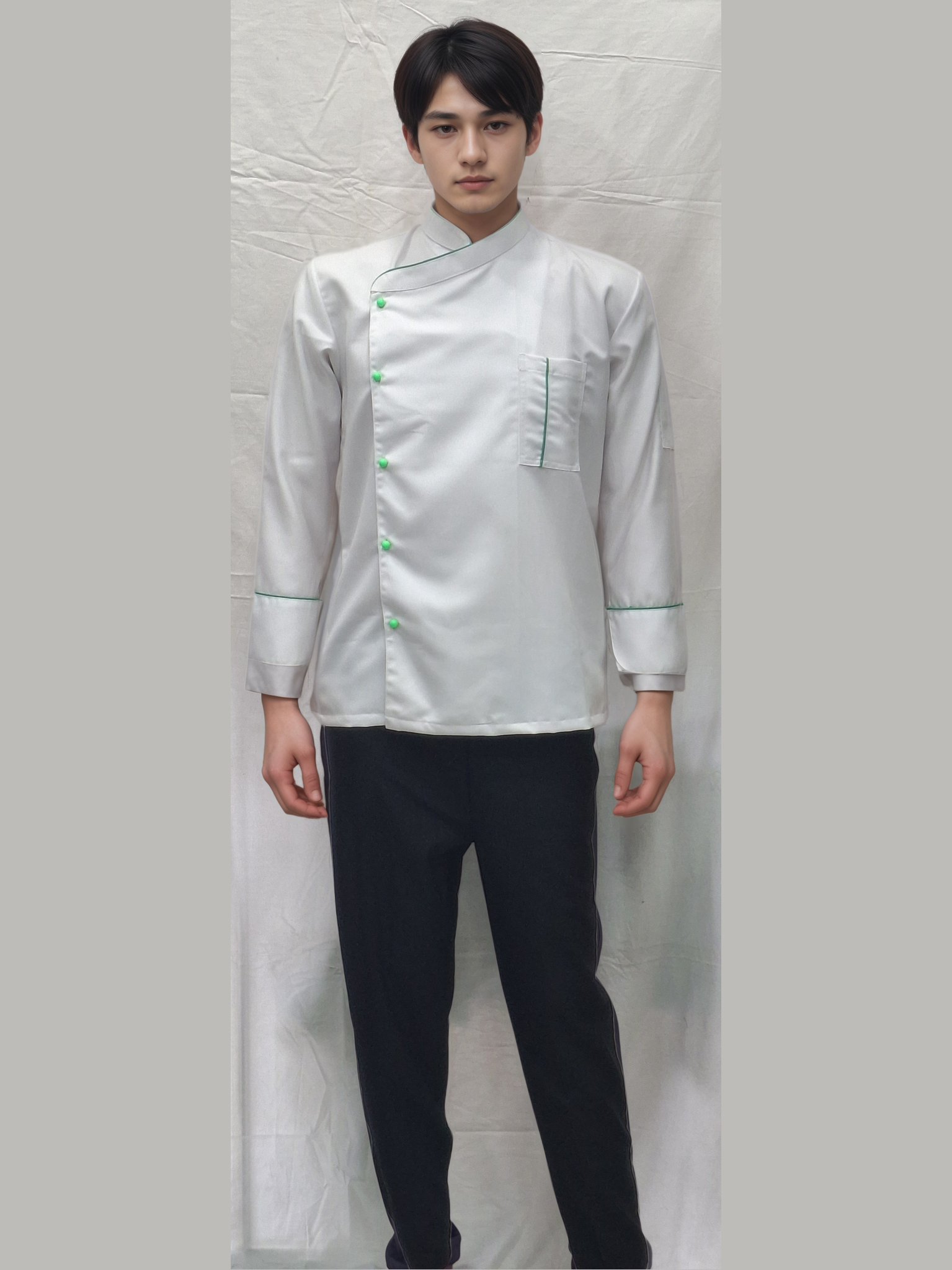 Chef Coat with Green Piping and Buttons for Professional Chefs - J R GARMENTS