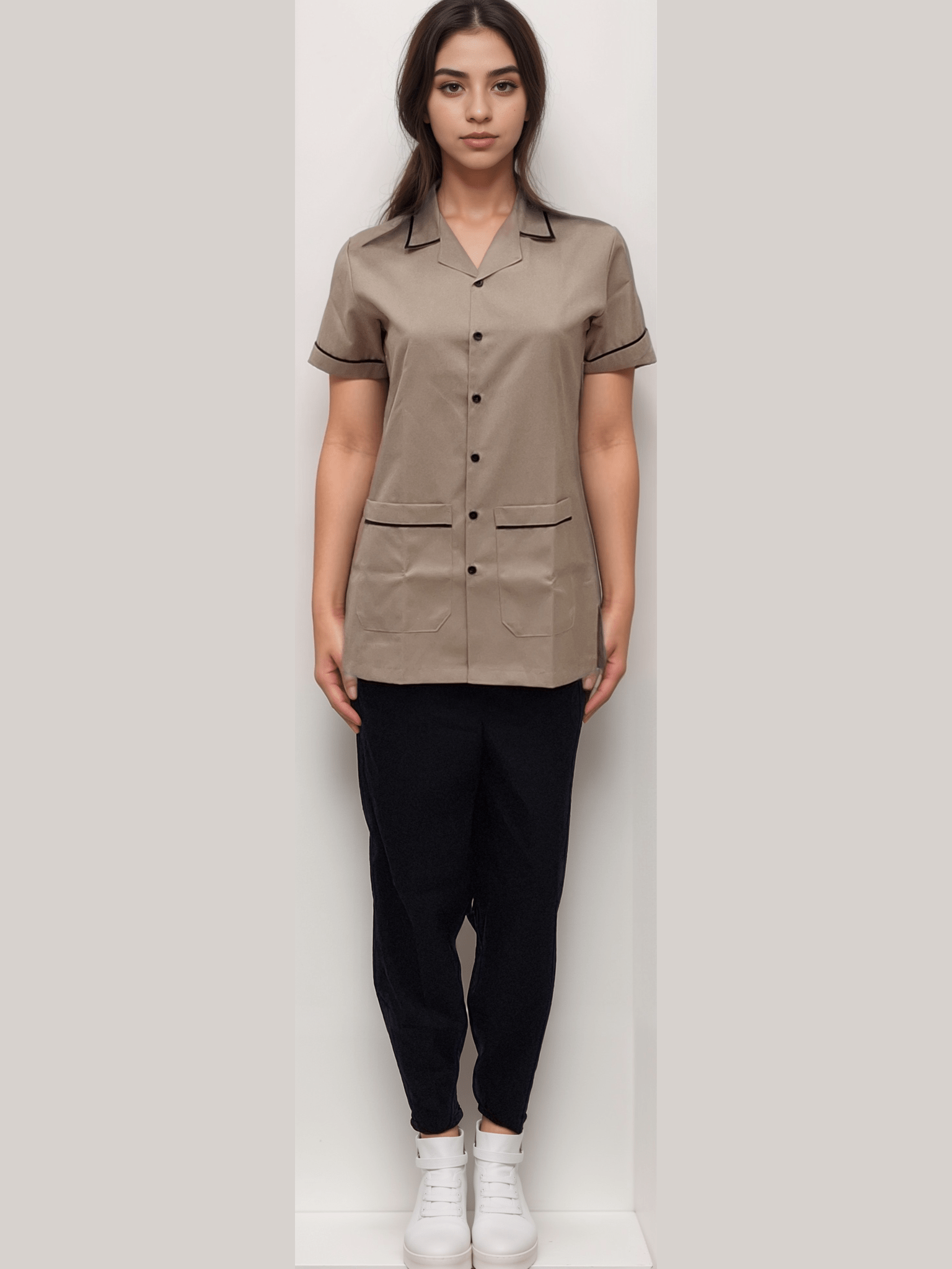 Nurse Dress Beige & Black - J R GARMENTS