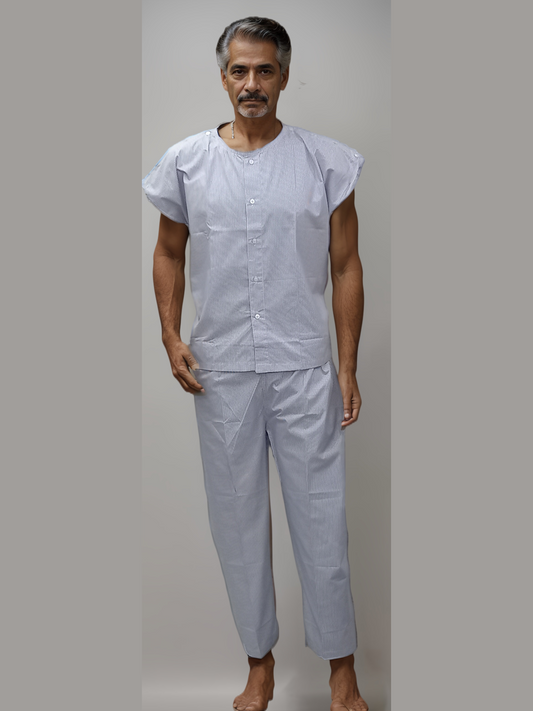 Patient Dress Blue Lining Shoulder Buttons - J R GARMENTS