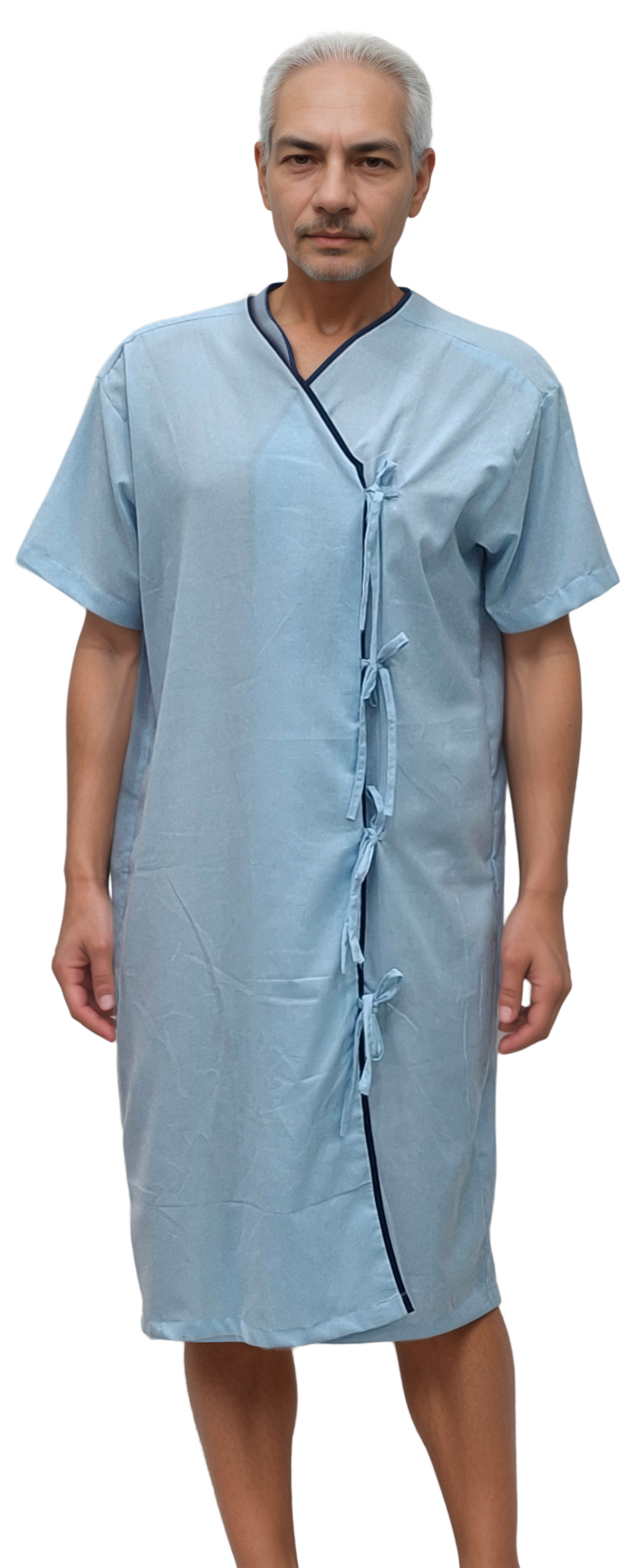 HICKORY Premium Unisex Patient Gown – Light Blue with Navy Blue Piping