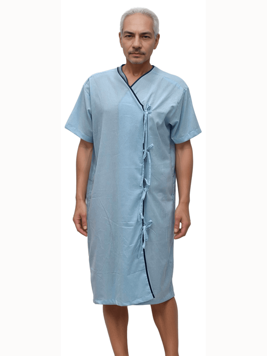 HICKORY Premium Unisex Patient Gown – Light Blue with Navy Blue Piping