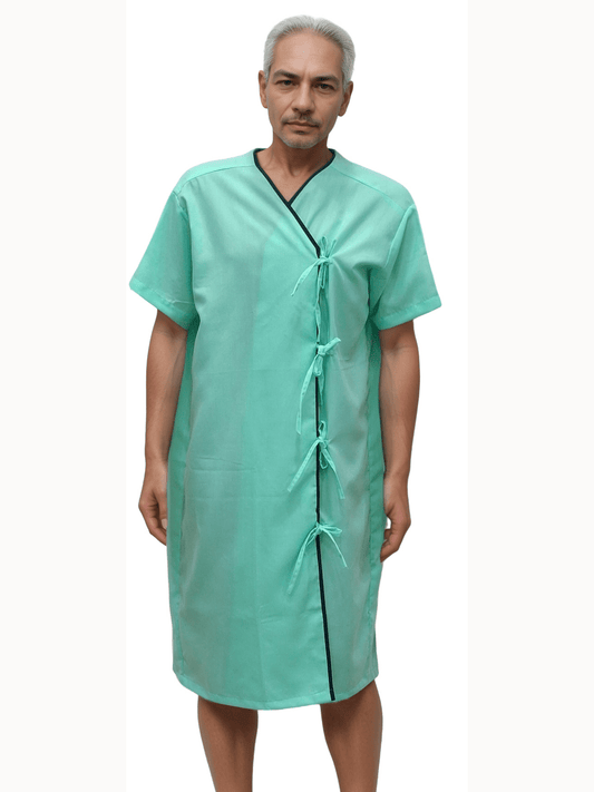 HICKORY Patient Gown – Premium Unisex Comfort in Pista Green with Navy Blue Piping