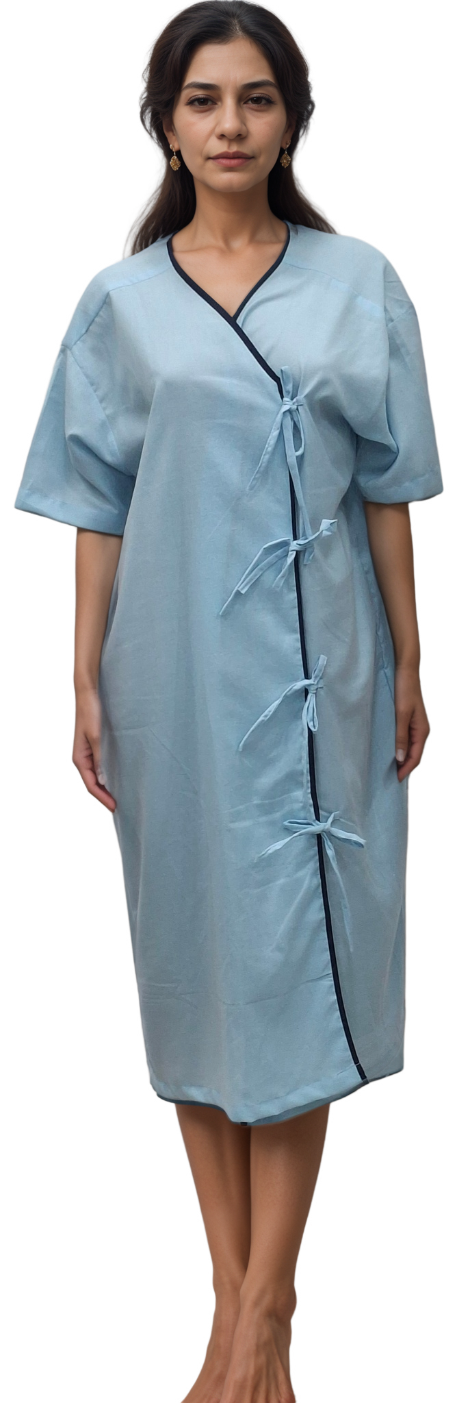 HICKORY Premium Unisex Patient Gown – Light Blue with Navy Blue Piping