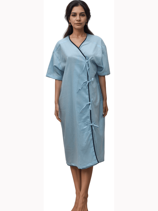 HICKORY Premium Unisex Patient Gown - Comfort and Style in Light Blue with Navy Blue Piping - J R GARMENTS