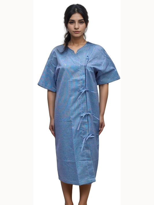 Patient Gown Nadi Blue Checks by HICKORY for Ultimate Comfort - J R GARMENTS
